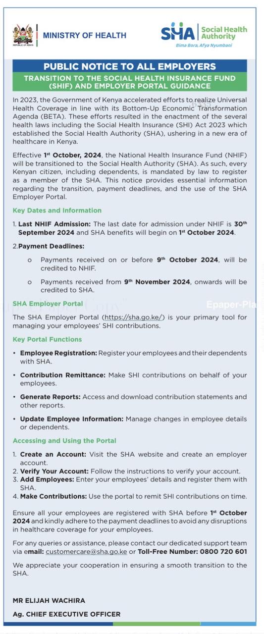 Transition To The Social Health Insurance Fund (SHIF) And Employer Portal Guidance